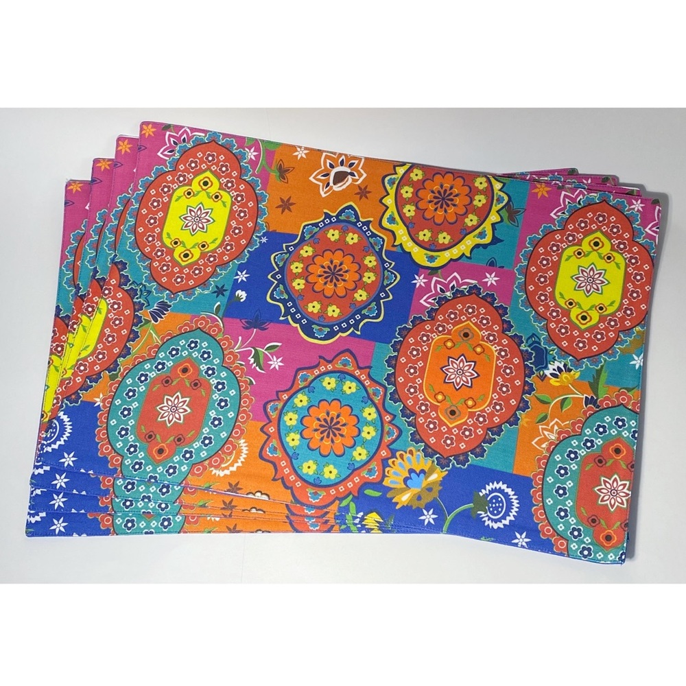 Bright Colorful Paisley Floral Patchwork Print Placemats Set of 4 NEW